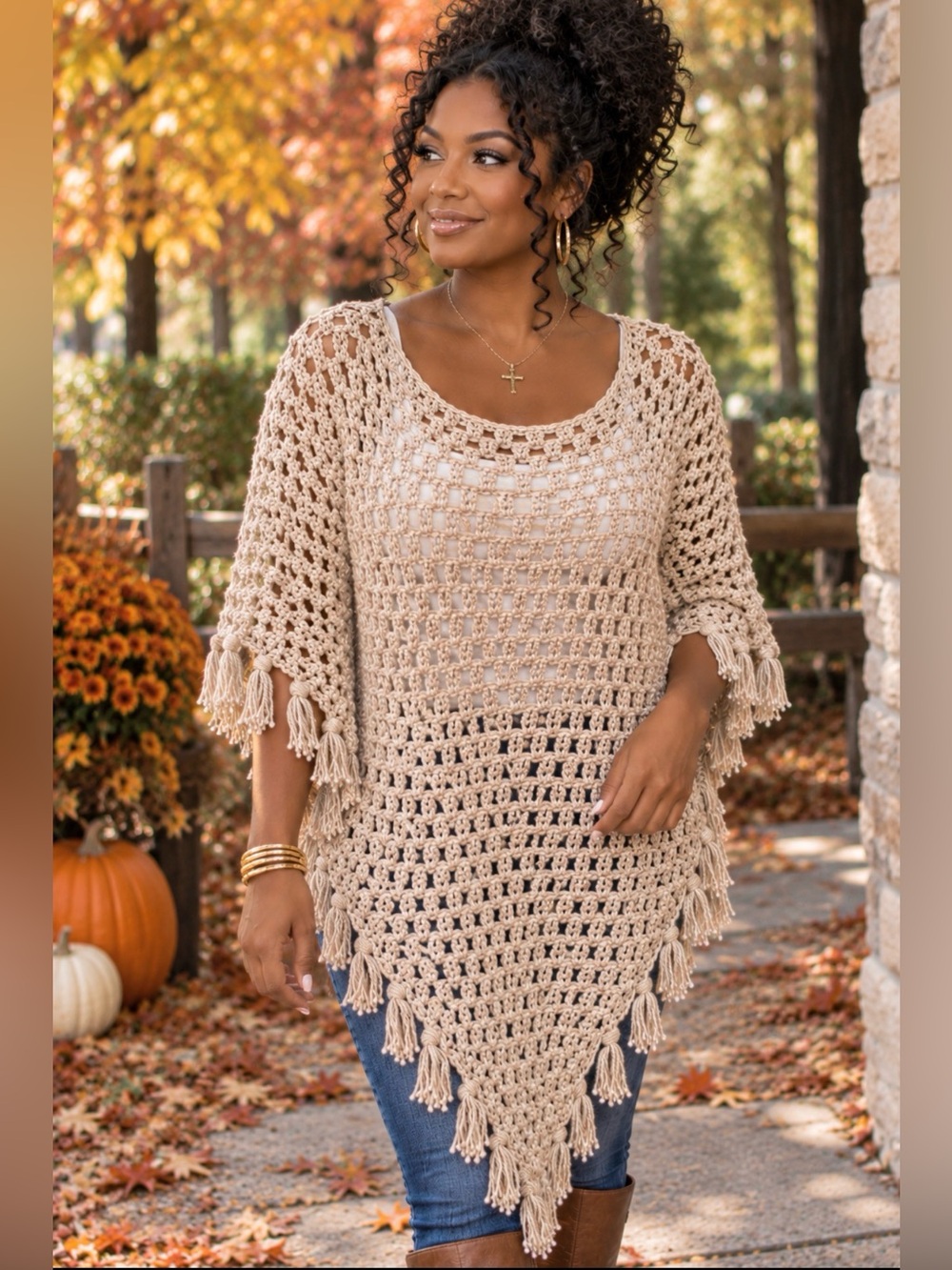Boho Handmade Crochet Tassel Poncho Sweater Onesize - Cream